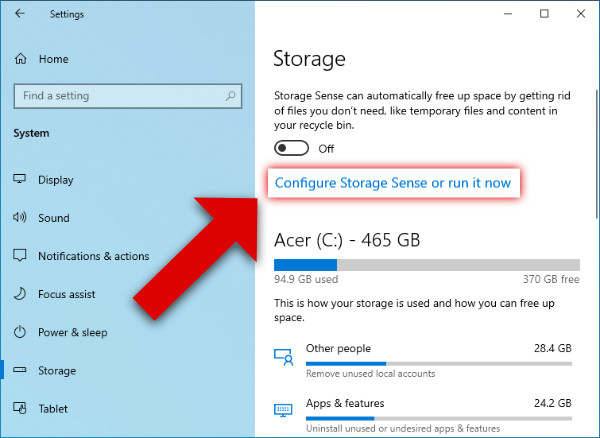 Use Storage Sense to Free Up Space